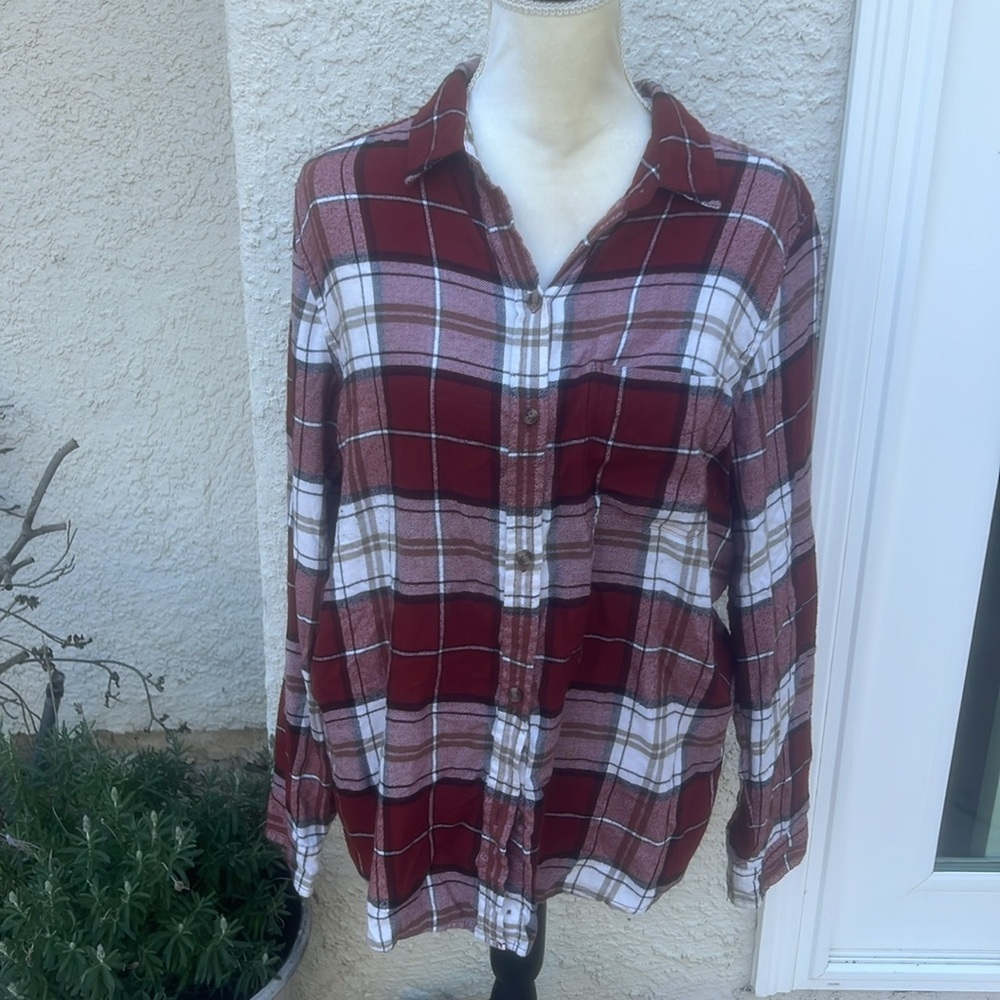 American Eagle AHH-AMAZINGLY Soft Boyfriend Fit Brown Plaid Flannel Women Size L - Picture 1 of 7